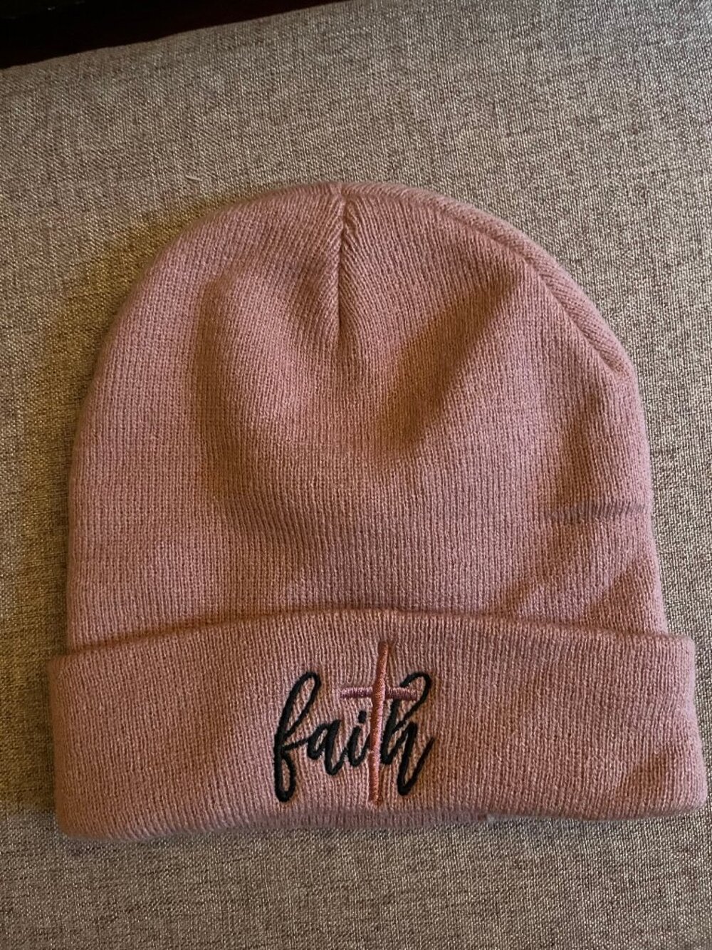 Women's Pink Faith Cross Embroidered Cuffed Beanie Winter Knit Hat Christian